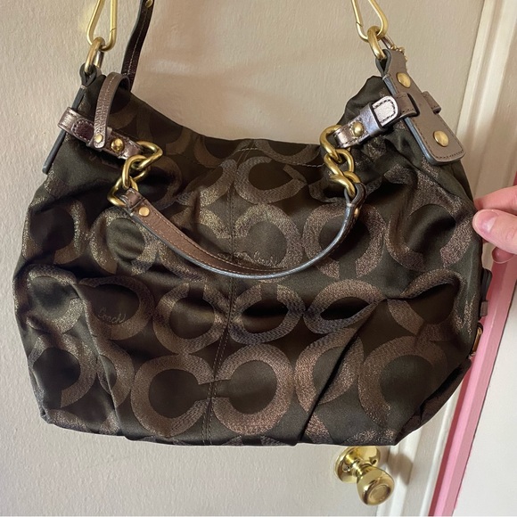 Coach Dark Olive Green Shoulder Bag with Metallic “C” Logos All Over - Picture 2 of 5
